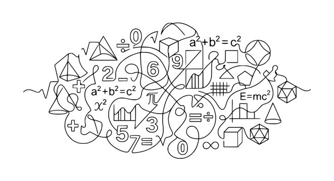 Abstract Math Collage: Formulas, Numbers, Shapes, Graphs on Transparent Background