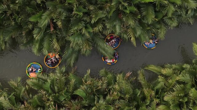 Aerial view of the natural scenery of basket boats on the Thu Bon River in Hoi An Ancient Town, Vietnam