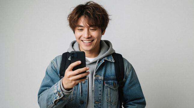 Young Asian man wearing denim jacket and backpack smiles while looking at his smartphone. He seems happy and engaged with the device, possibly a student checking messages or using an app.