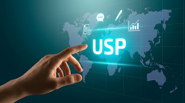Hand pointing at glowing USP text on digital world map with icons for communication, finance, writing, and analytics displayed above continents featuring finger, touch, gesture and interaction