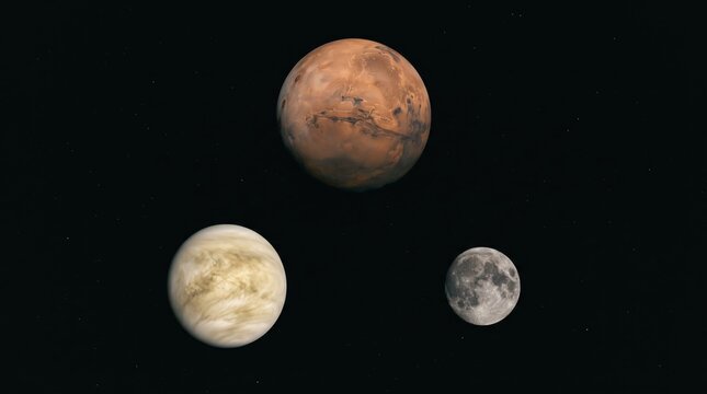 Realistic 3D illustration of Mars, Venus, and the Moon floating in deep space against a starry black, solar system planets comparison, astronomy and astrophysics, celestial bodies