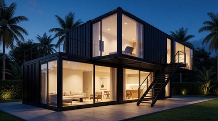 Fototapeta premium Modern container home lit at night with cozy interior visible through large glass windows. Two levels, stairs, and palm trees create a stylish tropical dwelling.