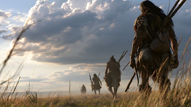 Prehistoric hunter gatherers carrying spears while walking through tall grass under dramatic cloudy sky, ancient human migration scene illustrating survival, early civilization and Stone Age life