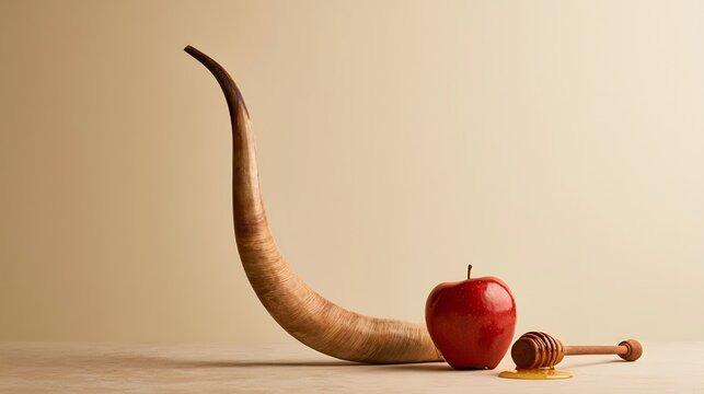 Rosh Hashanah Jewish holiday still life with traditional shofar ram horn, red apple and honey dipper on warm neutral background, symbolic celebration of a sweet new year and faith culture