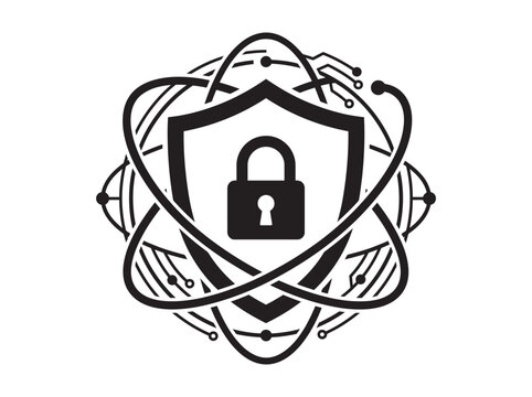 Minimal black silhouette cybersecurity shield with a centered padlock icon clean geometric vector design solid black shapes only