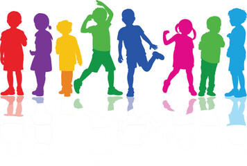 Obraz premium Group of colorful children silhouettes standing and playing in a row with reflection isolated on a white background
