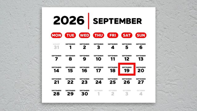 Red cursor highlighting September 19th on a 2026 wall calendar page