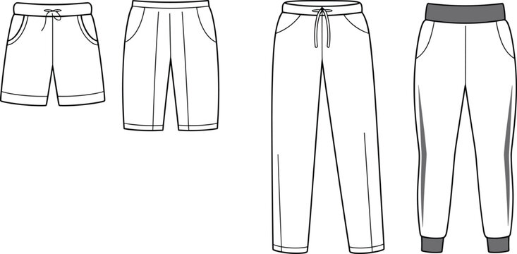 Technical of various styles of sweatpants and shorts for sportswear isolated on a white background, for fashion industry