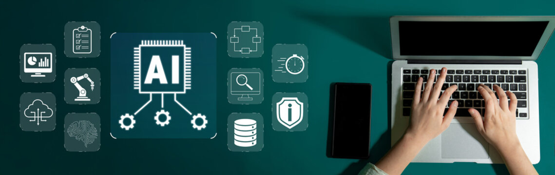 Hands Typing on Laptop Surrounded by Various Icons Representing Concepts of Artificial Intelligence and Technology Integration in Modern Work Environment Quark.