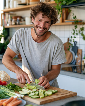 Smiling man chops fresh vegetables at kitchen counter. Natural light illuminates his joyful, focused expression. Wooden cutting board holds vibrant greens and carrots. Open shelves hold kitchen tools