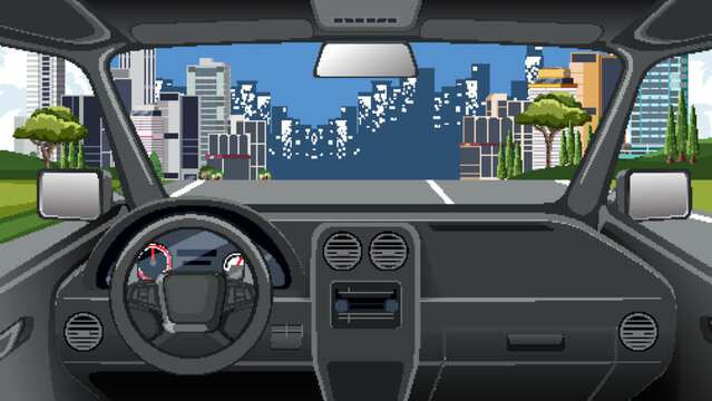 First Person View of Car Interior Driving Toward City Skyline