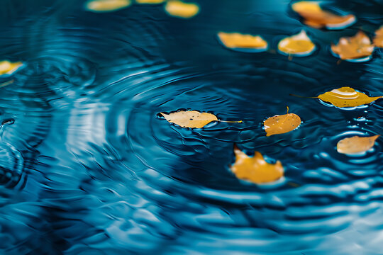 Tranquil dark blue water ripple and autumn leaf copy space for premium skincare and mindfulness web