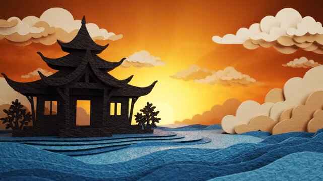 Asian papercraft pagoda temple silhouette against a golden sunset sky