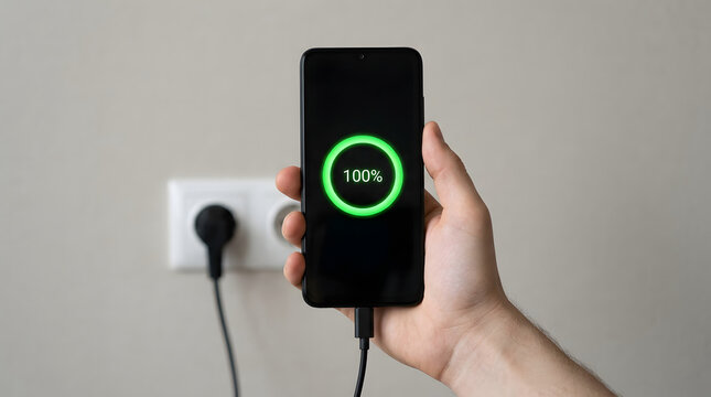 Hand holding a black smartphone displaying a fully charged battery at percent, connected via a cable to a wall charger with a visible power outlet in the background featuring mobile phone
