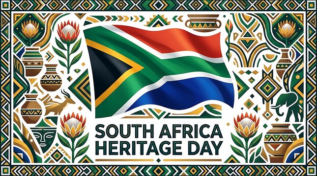 South africa heritage day celebration design with national flag, protea flowers, traditional pottery, and african patterns, vibrant cultural illustration