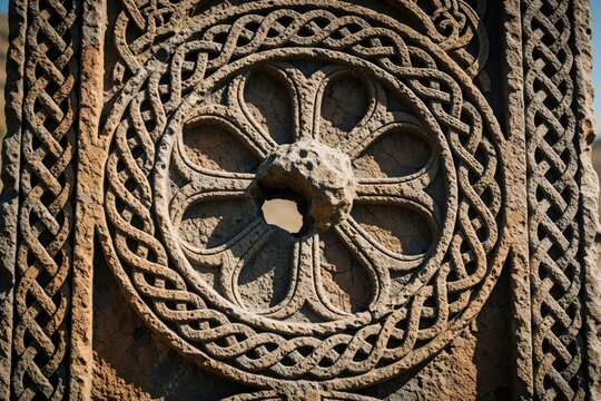 Armenian khachkar stone carving shows intricate knotwork detail. Ancient weathered rock displays traditional Celtic patterns and a central circular hole, representing rich cultural history.