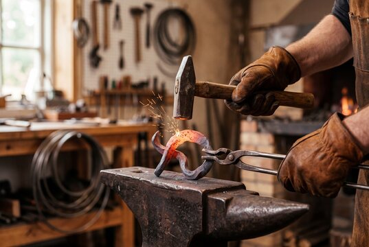 Blacksmith Forging Hot Metal on Anvil in Traditional Workshop