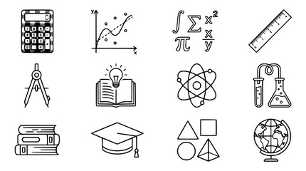 Fototapeta premium Education and Science Icons: Math, Physics, Chemistry, Geometry, Globe