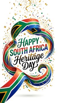 Happy south africa heritage day celebration with a festive flowing ribbon featuring the national flag colors and golden confetti isolated on white background