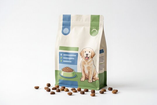 Generic Unbranded Dog Food Pouch Packaging With Scattered Kibble Pieces on White Background