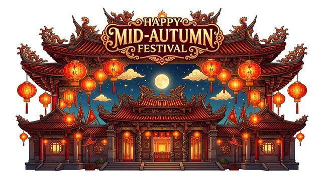 Traditional chinese architecture decorated with glowing red lanterns under a full moon for the midautumn festival celebration, isolated on white background