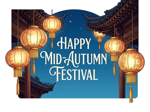 Happy midautumn festival greeting card design with traditional chinese lanterns hanging from ornate temple eaves against a starry night sky background