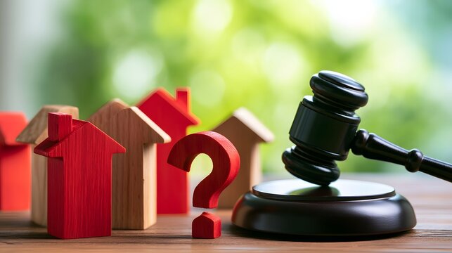 Real estate legal dispute concept with miniature houses, red question mark and judge gavel on desk, symbolizing property law, housing uncertainty, ownership decisions and court proceedings