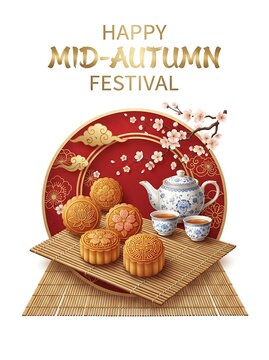 Happy midautumn festival greeting card with mooncakes, traditional tea set, and cherry blossoms, isolated on white background