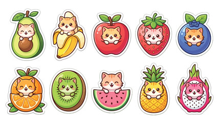 Fototapeta premium Cute Kawaii Cat Characters Peeking Out of Various Fruits and Vegetables.