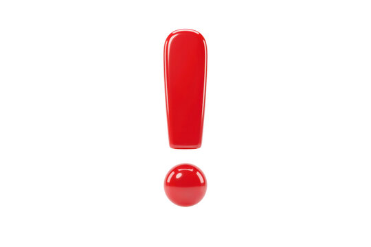A glossy red exclamation mark symbol rendered in 3d, featuring a smooth rounded shape and vibrant finish, isolated on a white background