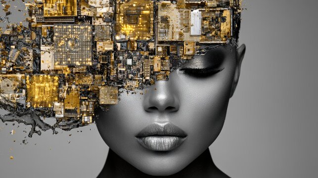 Persons face dissolving into fluid stream of liquid dark matter and glowing gold microchip fragments with clean dark grey space on right.