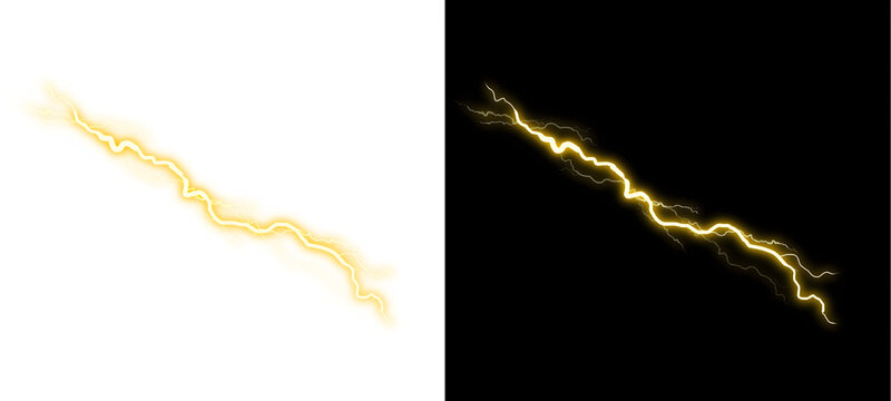 Bright yellow lightning bolt electrical strike isolated on clean white and black background overlay