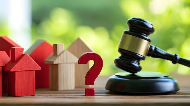 Real estate legal dispute concept with miniature houses, red question mark and judge gavel on desk, symbolizing property law, housing uncertainty, ownership decisions and court proceedings