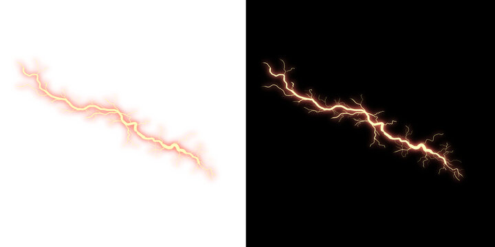 Electric orange thunder bolt flash light effect isolated on white and black background design