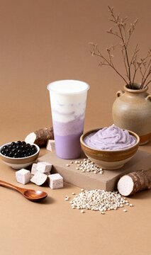 New Chinese Style Taro Milk Tea Still Life with Purple Taro Drink, Ceramic Bowl and Brown Sugar Pearls