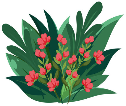 Flat Vector Illustration of Red Flowers and Green Tropical Leaves