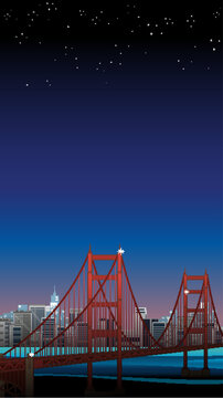 Red Suspension Bridge Over Water with City Skyline at Night