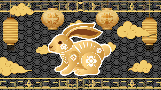 Golden Chinese Zodiac Rabbit Vector Illustration with Traditional Lanterns and Clouds