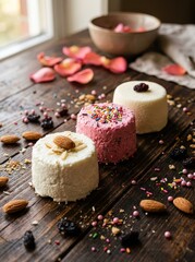Fototapeta premium Assorted Mini Curd Cheese Cakes with Almonds, Sprinkles, and Berries on a Rustic Wooden Table