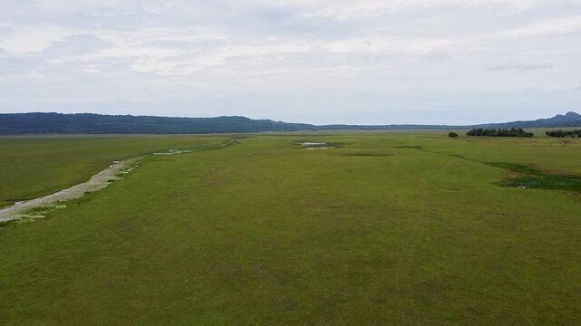 Aerial drone rising over vast grassy plains landscape of Nino Konis Santana National Park, Lautem District, Timor-Leste, Southeast Asia