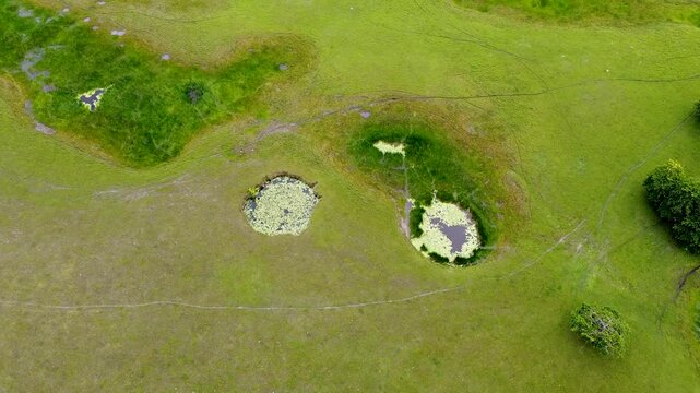 Aerial rising above unusual water holes on grassland plains of Nino Konis Santana National Park, Lautem District, Timor-Leste, Southeast Asia