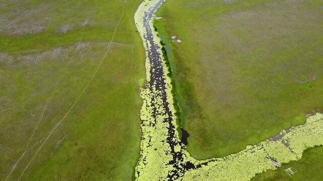 Aerial view flying over grassy plains with river at Nino Konis Santana National Park, Lautem District, Timor-Leste, Southeast Asia