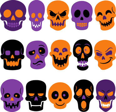 Collection of stylized skull illustrations with varied expressions in purple orange and black