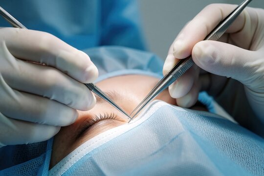 Surgeon uses forcpic and scalpel for eyelid correction surgery in clinic. Patient on cosmetic procedure for facial rejuvenation. Medical team performs blepharoplasty with precision tools.