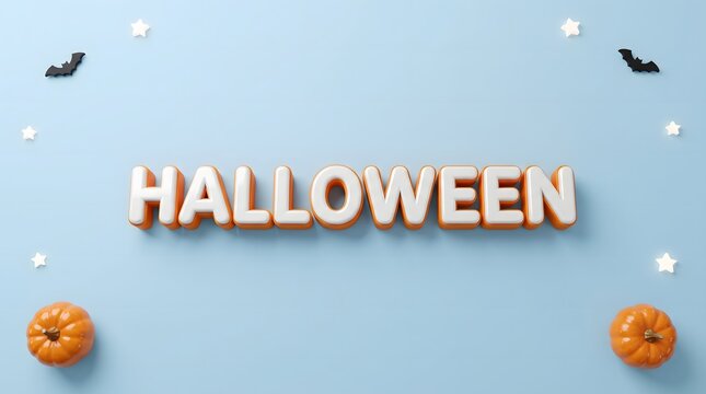 Halloween lettering with pumpkins and stars on a light blue background