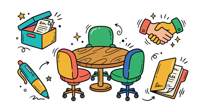 Business meeting room doodle set with round table chairs document archive box handshake fountain pen and contract folder vector