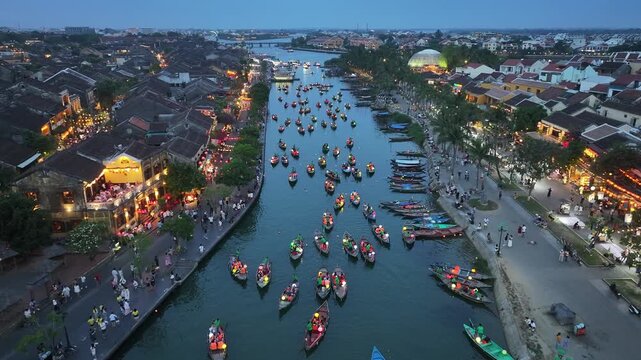 Aerial view of the Thu Bon River night scene in Hoi An Ancient Town, Vietnam
