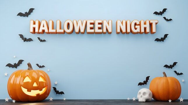 Halloween night with jackolanterns bats and skull on blue background