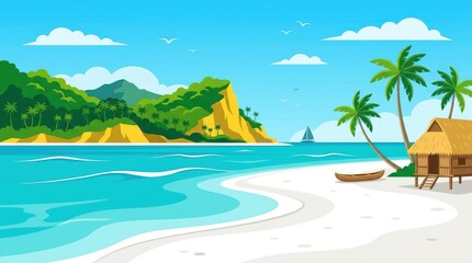 Naklejka premium Tropical Beach Paradise Vector Illustration with Palm Trees, Ocean Waves, and a Cozy Beach Hut on White Sand