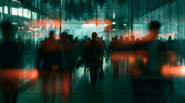 Blurred crowd of commuters walking through modern transportation terminal with dramatic teal and orange lights, abstract urban travel scene representing movement, rush, anonymity and city life